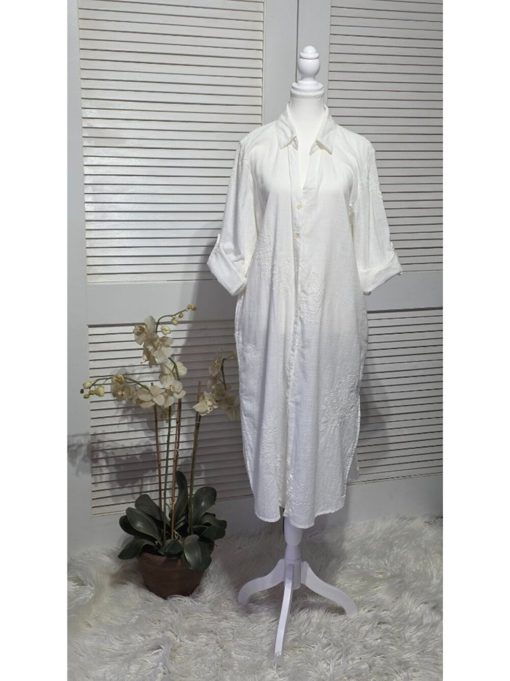 Blue Island Women's White Cotton Long Button Down Embroidered Tunic Dress L 3851